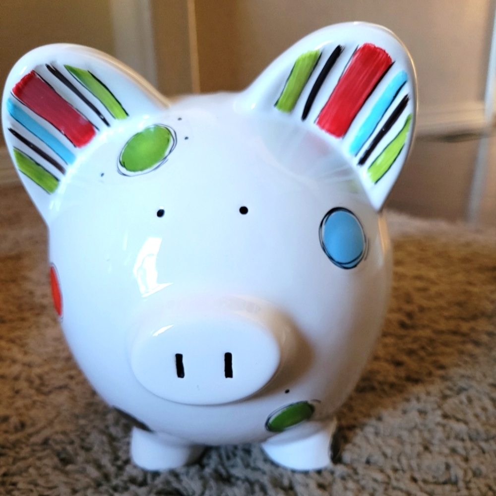 Nordstrom piggy bank.  Polka-dots